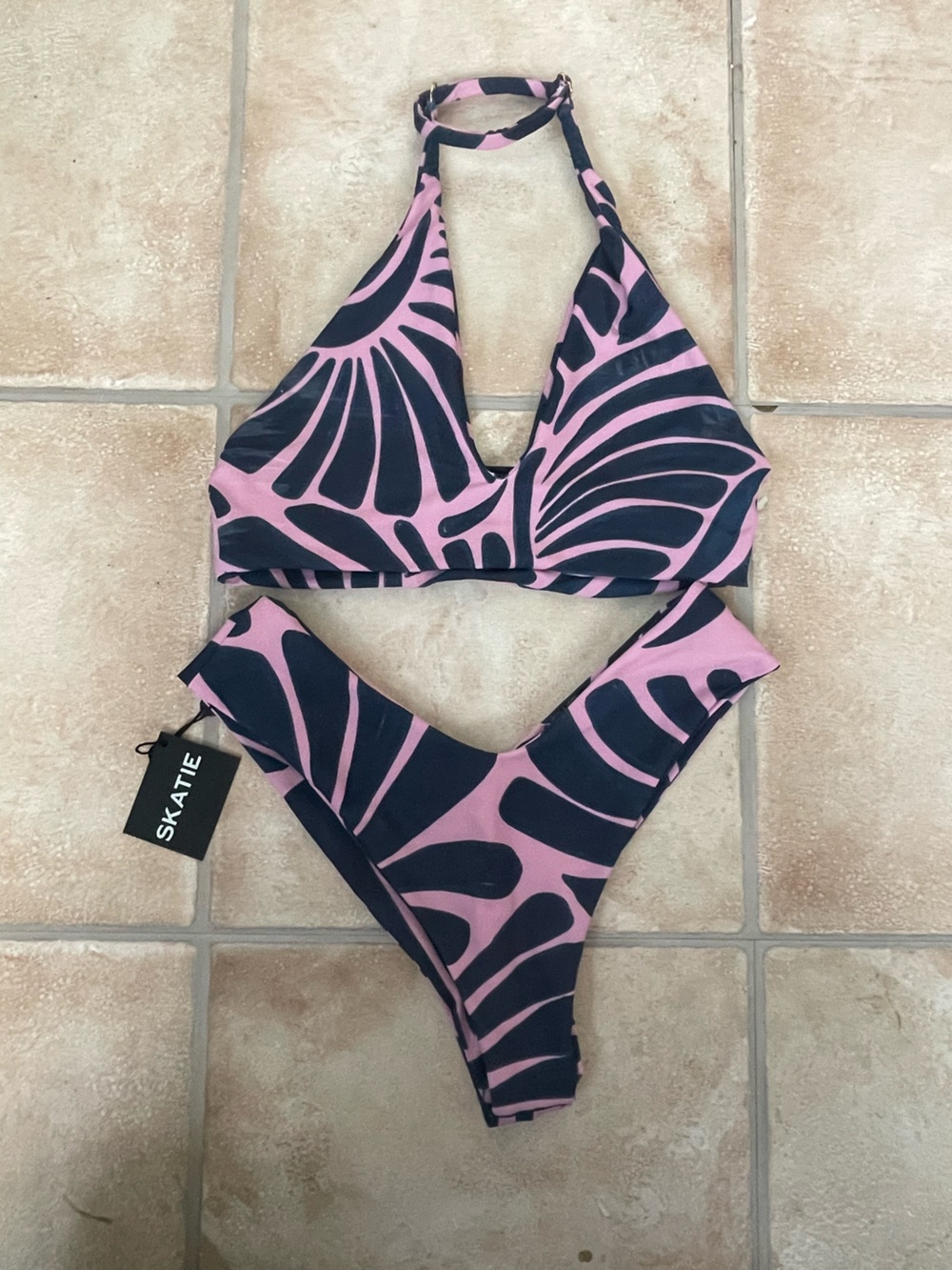 NWT SKATIE navy pink Conch tropical palm leaf print bikini, cheeky bottom; L